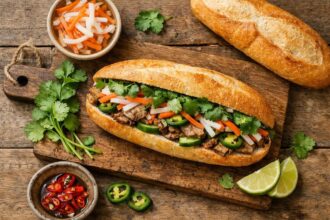 asian cuisine, banh mi, carrot, chili peppers, cilantro, cucumber