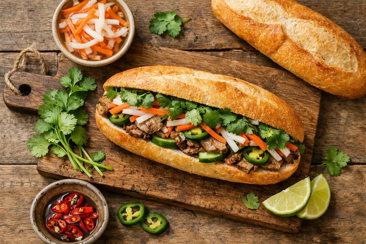 asian cuisine, banh mi, carrot, chili peppers, cilantro, cucumber