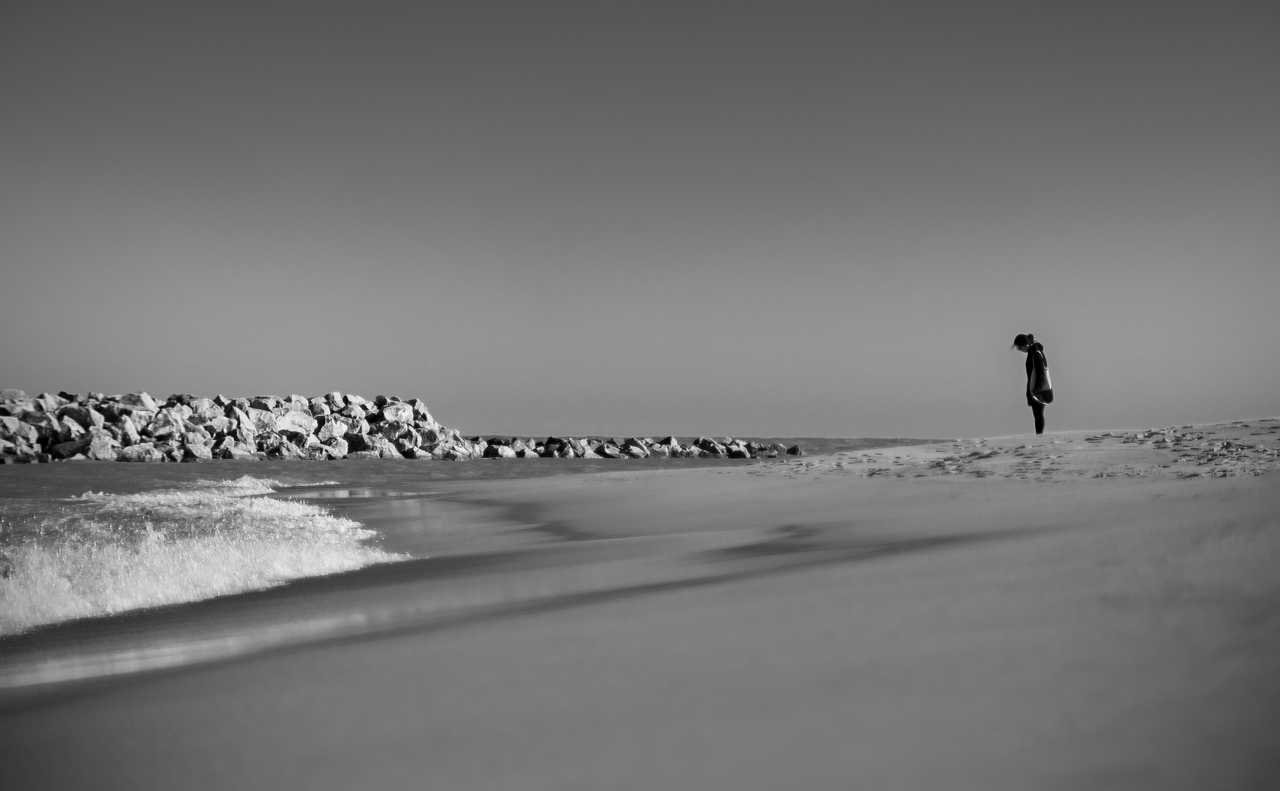 alone, beach, black and white, girl, lonely, melancholy